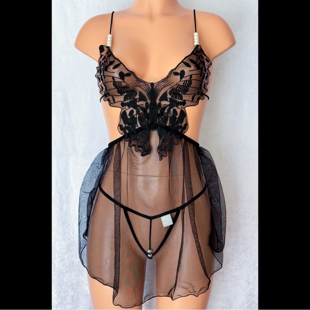 Black, Butterfly, Embroidered, Sheer, Lingerie Slip